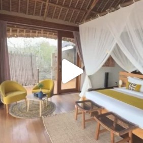 Safari suite with a canopy bed and yellow chairs